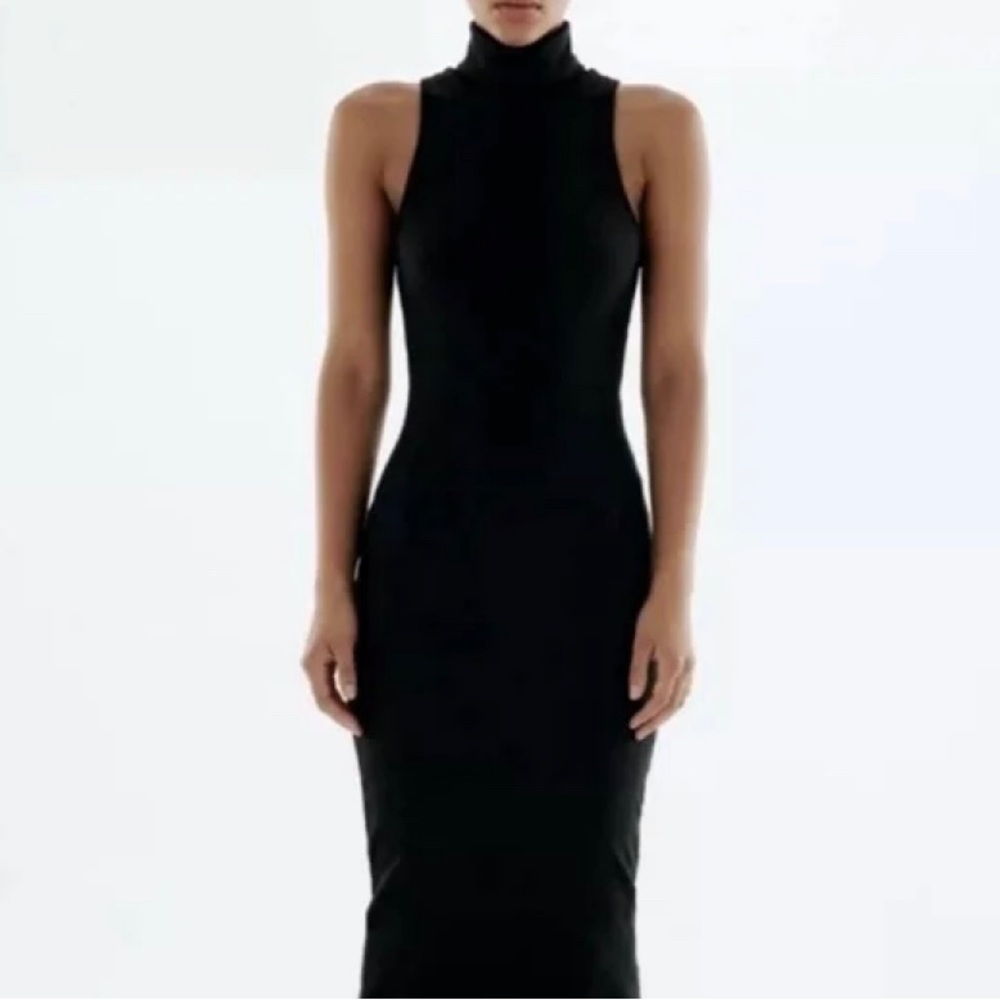 Zara Black Body-Con Turtle Neck Midi Dress